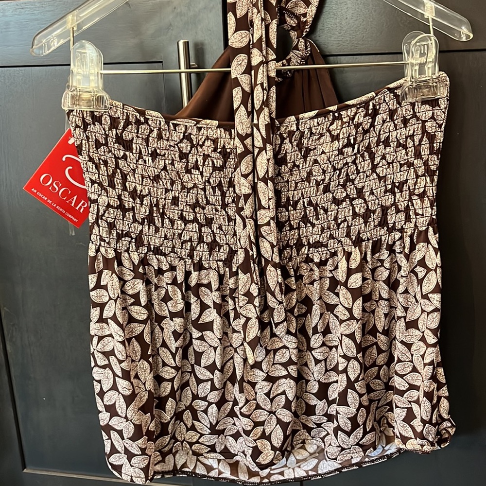 NWT Oscar de la Renta top. Size L Brown and Cream lead design ties around neck - Picture 6 of 15